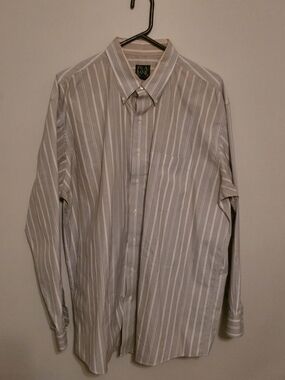 JoS A. Bank Men's XL Stripe Button-Down Dress Shirt 100% Cotton Tan White Beige